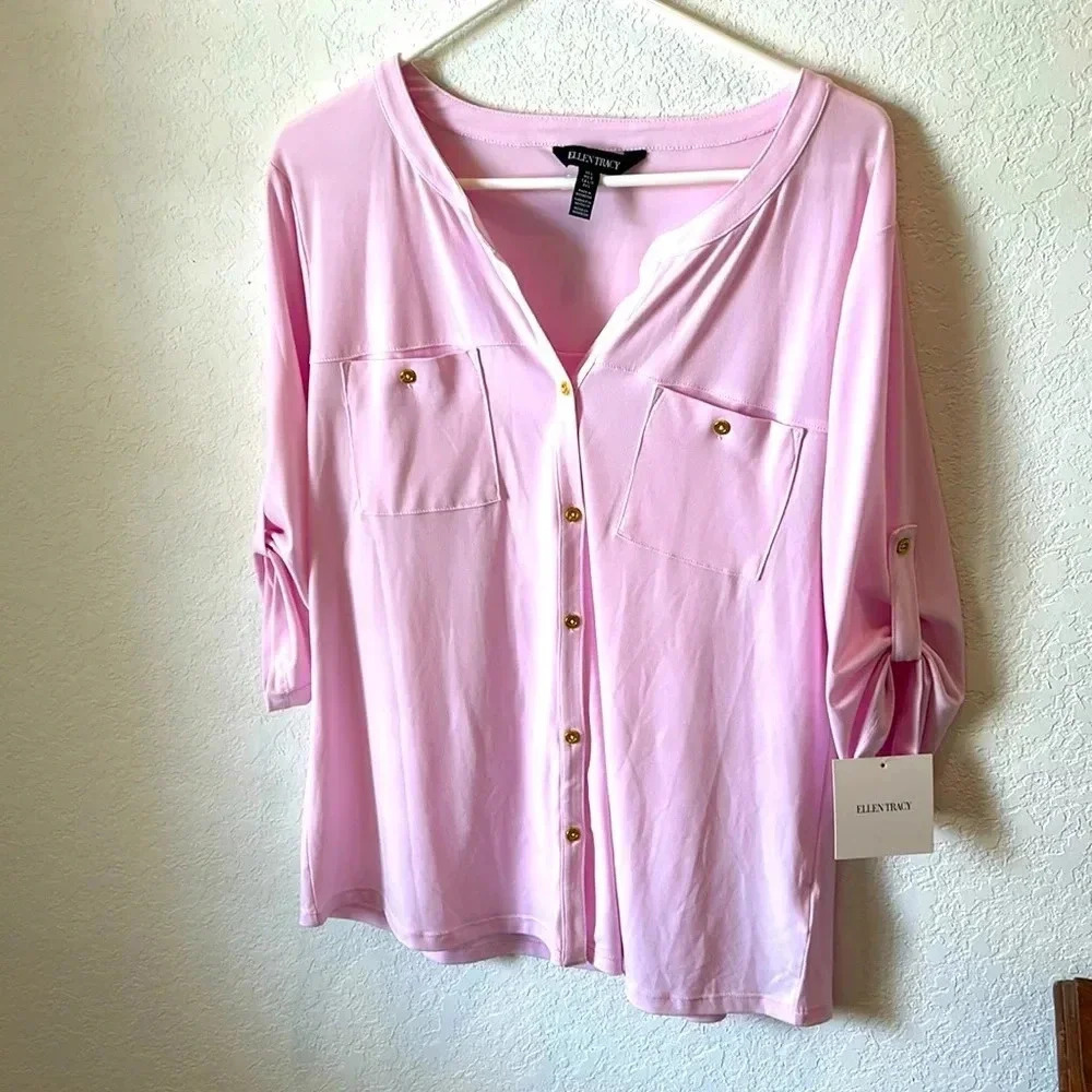 Ellen Tracy Baby Pink Blouse with Gold Buttons